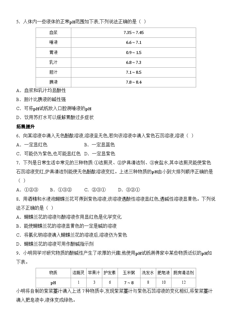 新人教版2024九年级下册化学10.1 溶液的酸碱性  课时作业  分层作业（含答案）第2页