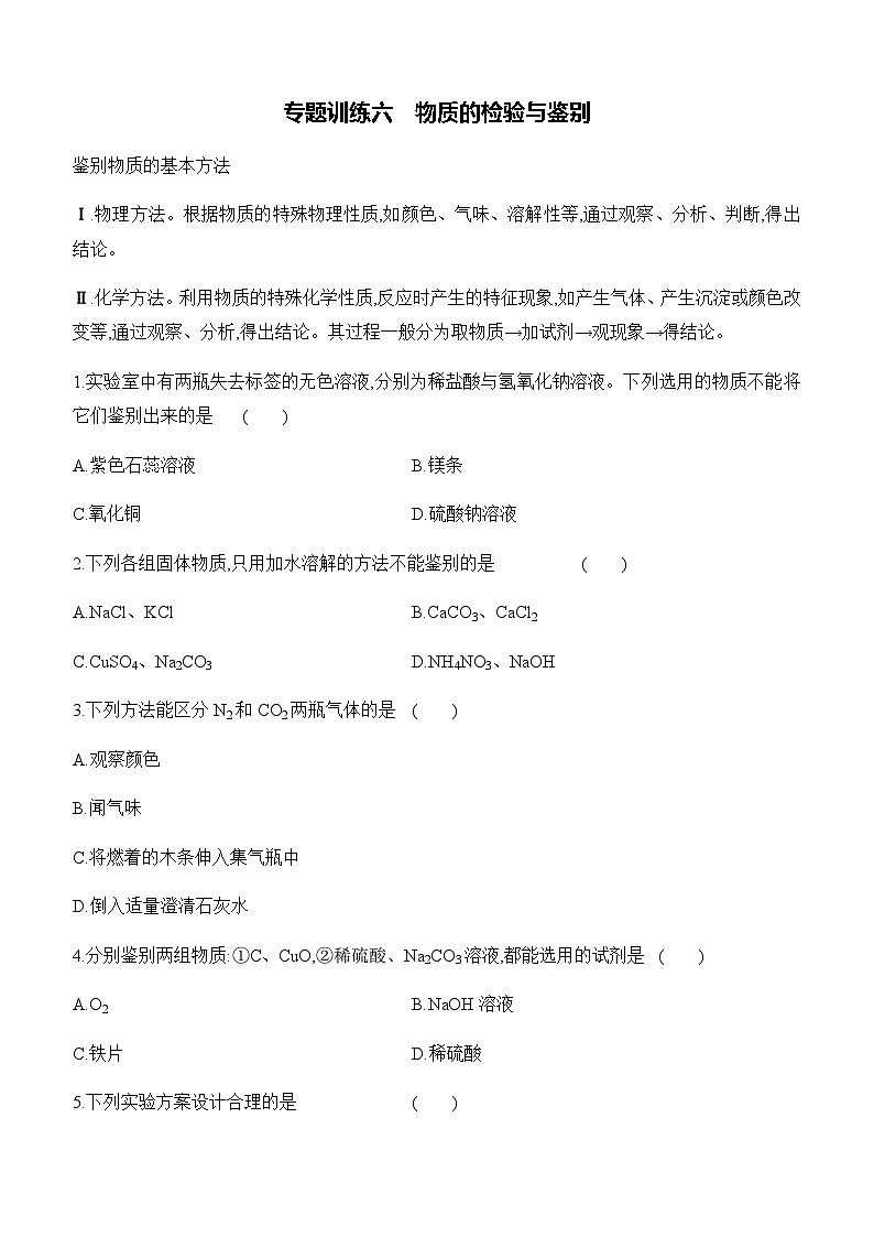 人教版2024九年级下册化学第十单元　常见的酸、碱、盐 专题训练六　物质的检验与鉴别 课时作业 （含答案）第1页