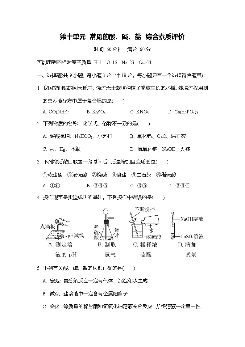 第十单元 常见的酸、碱、盐 综合素质评价试卷（含答案） 人教版（2024）化学九年级下册第1页
