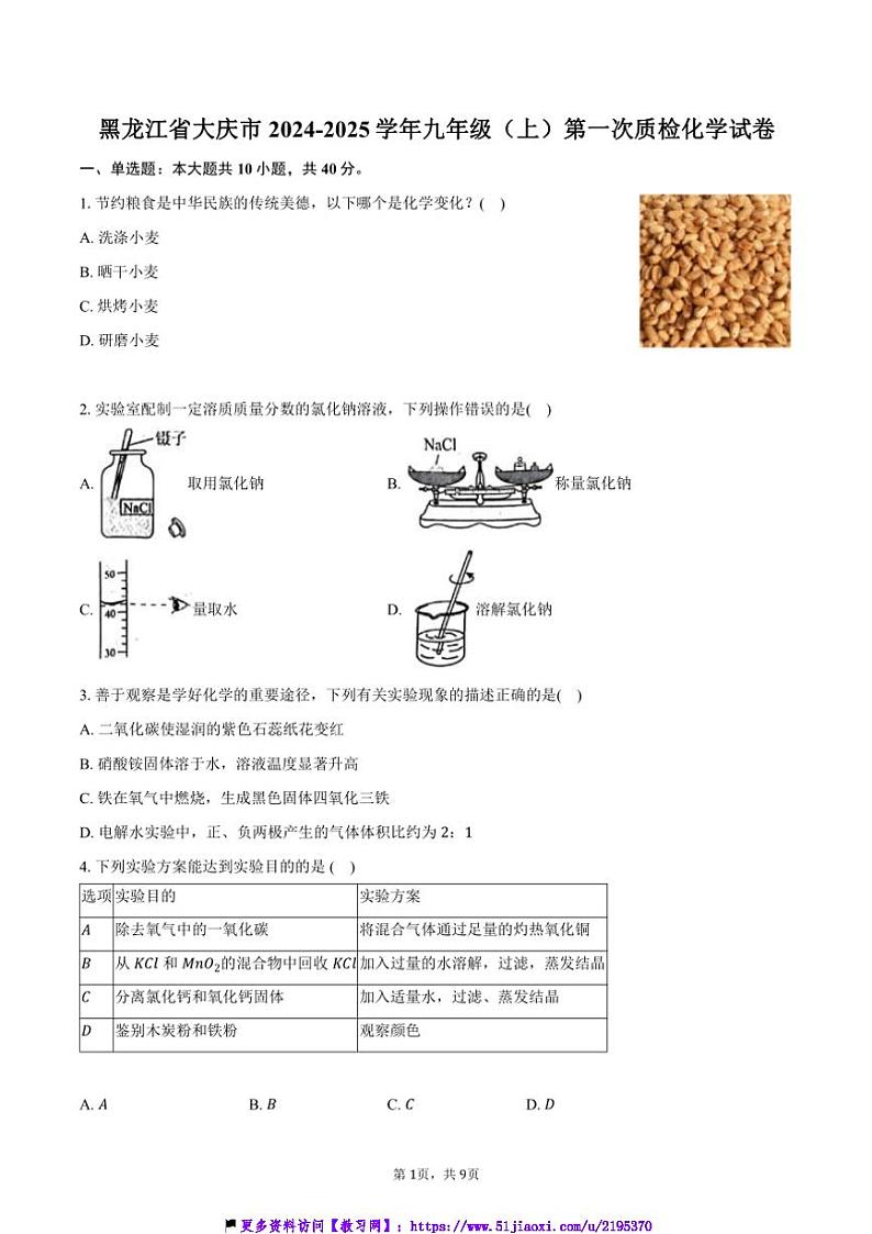 2024～2025学年黑龙江省大庆市九年级(上)第一次质检化学试卷(含答案)第1页