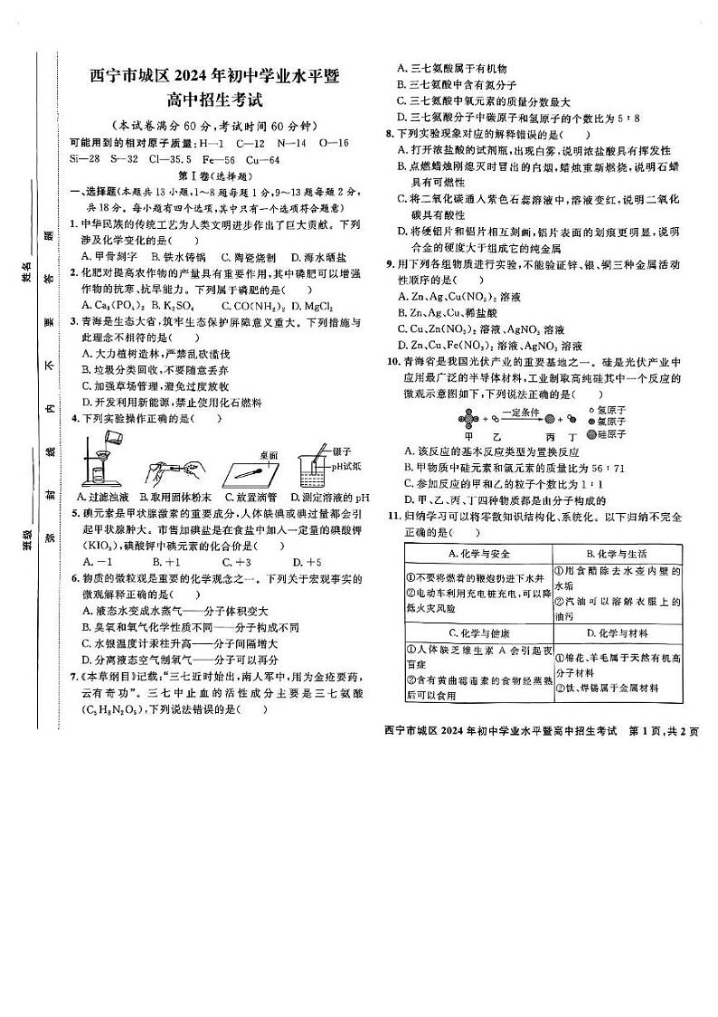2024年青海省西宁市区中考化学真题第1页