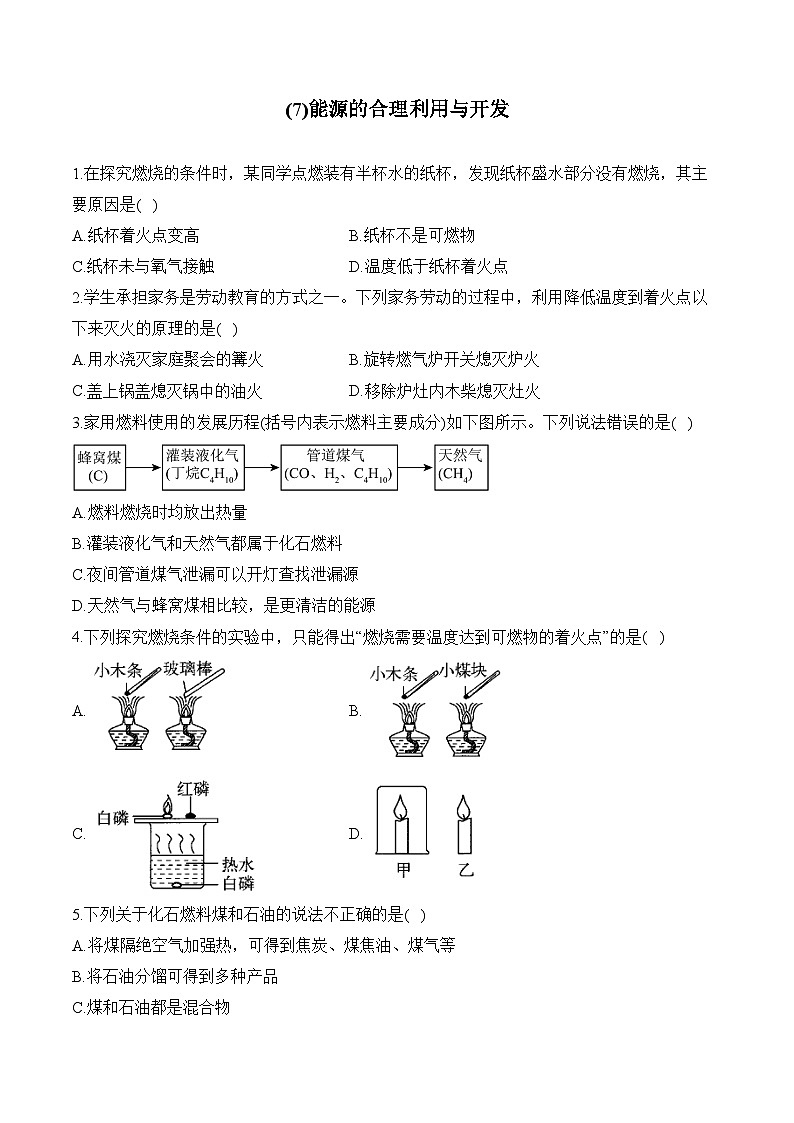 人教版（2024）九年级化学寒假作业 (7)能源的合理利用与开发第1页