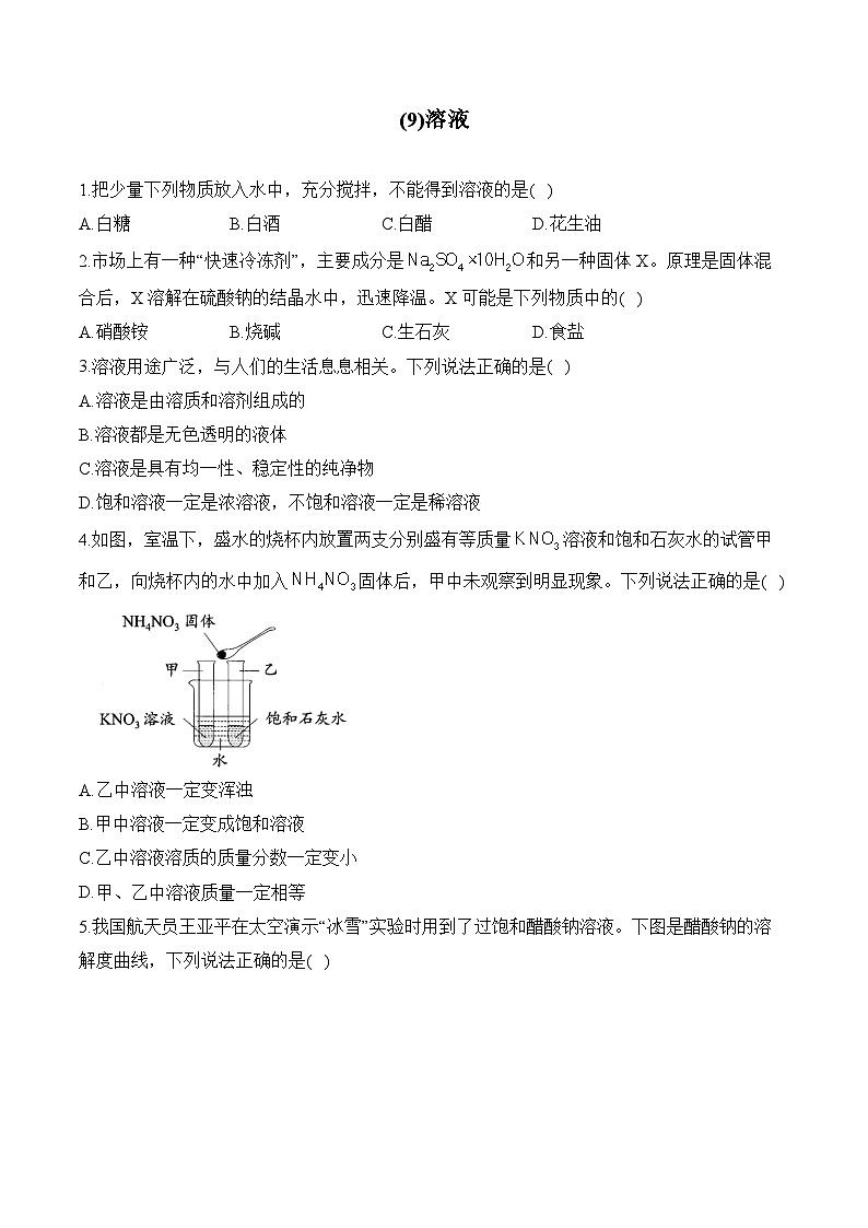 人教版（2024）九年级化学寒假作业 (9)溶液第1页