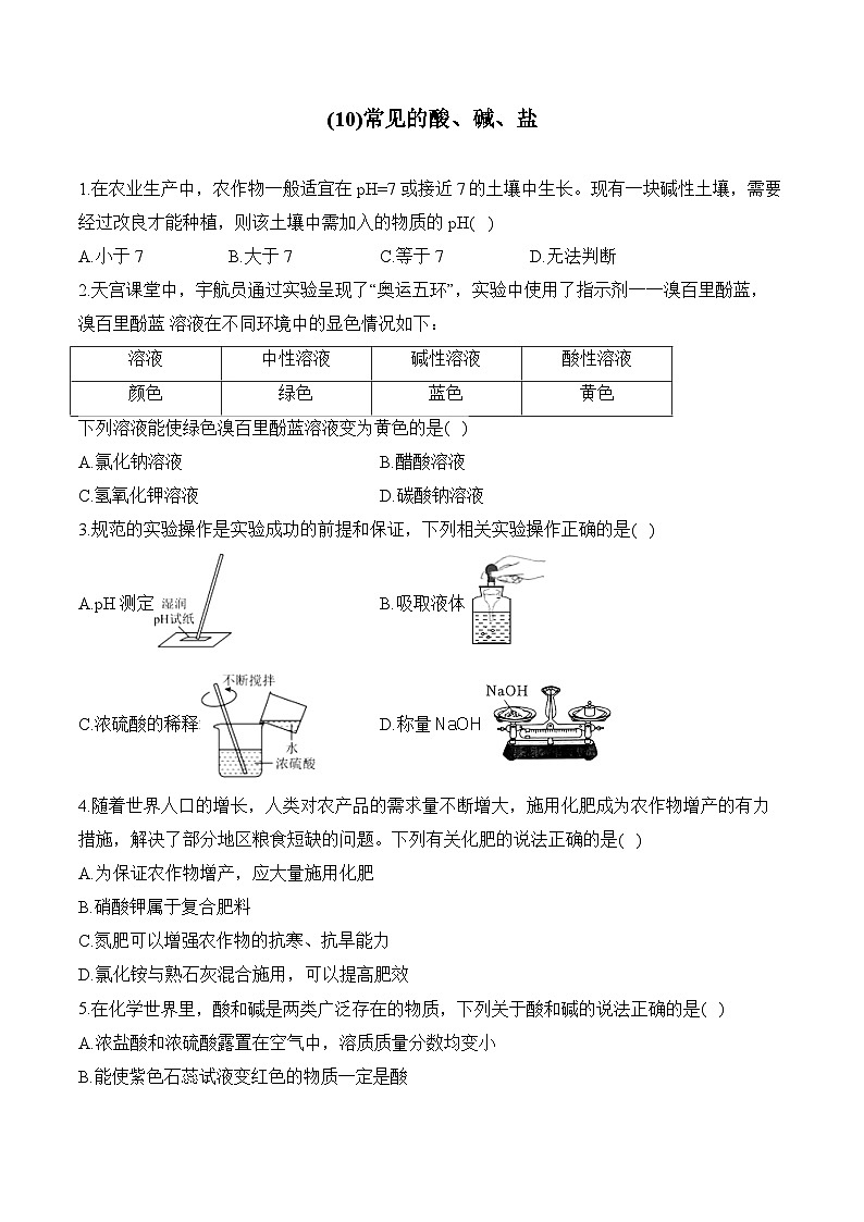 人教版（2024）九年级化学寒假作业 (10)常见的酸、碱、盐第1页