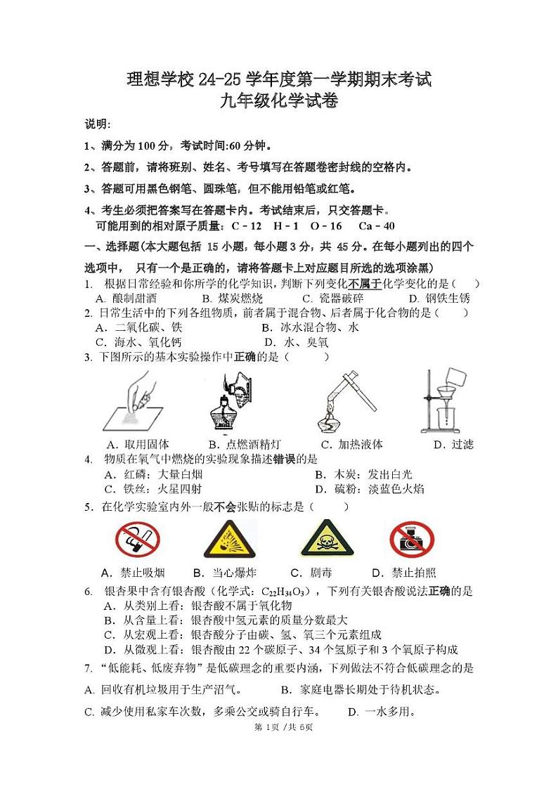 广东省东莞市理想学校2024-2025学年九年级上学期期末考试化学试卷第1页