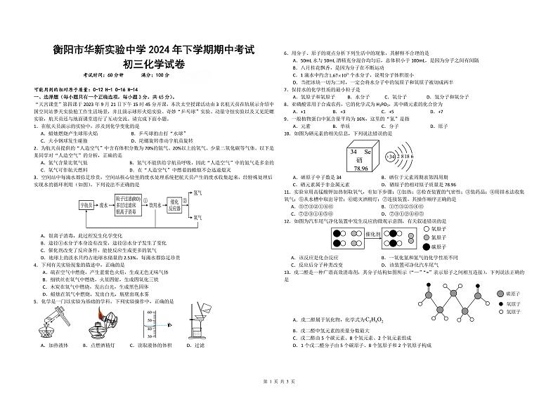 湖南省衡阳市华新实验中学2024-2025学年九年级上学期期中考试化学试卷第1页