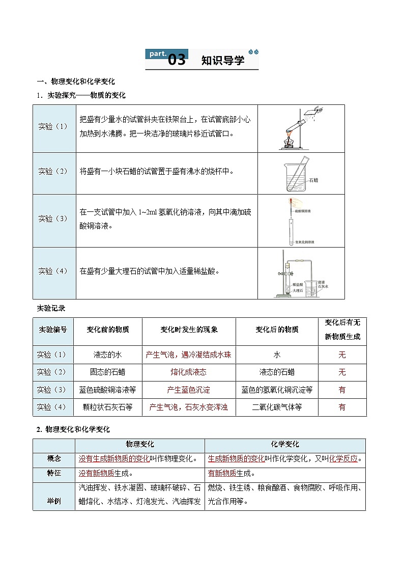 【寒假衔接讲义】人教版 初中化学 九年级上册 知识讲义 1.1 物质的变化和性质（解析版）第2页