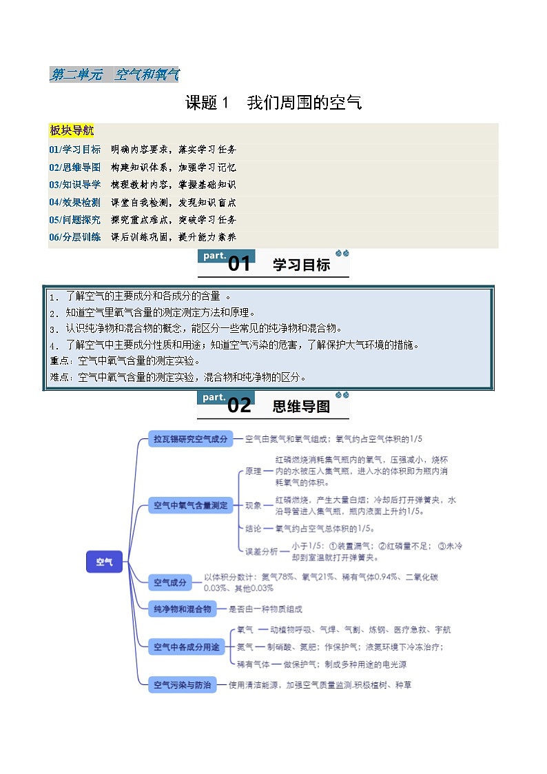 【寒假衔接讲义】人教版 初中化学 九年级上册 知识讲义 2.1 我们周围的空气（原卷版）第1页