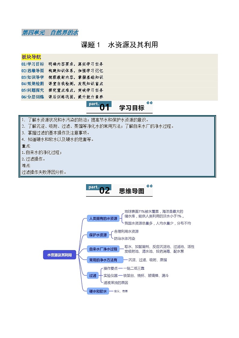 【寒假衔接讲义】人教版 初中化学 九年级上册 知识讲义 4.1 水资源及其利用（解析版）第1页