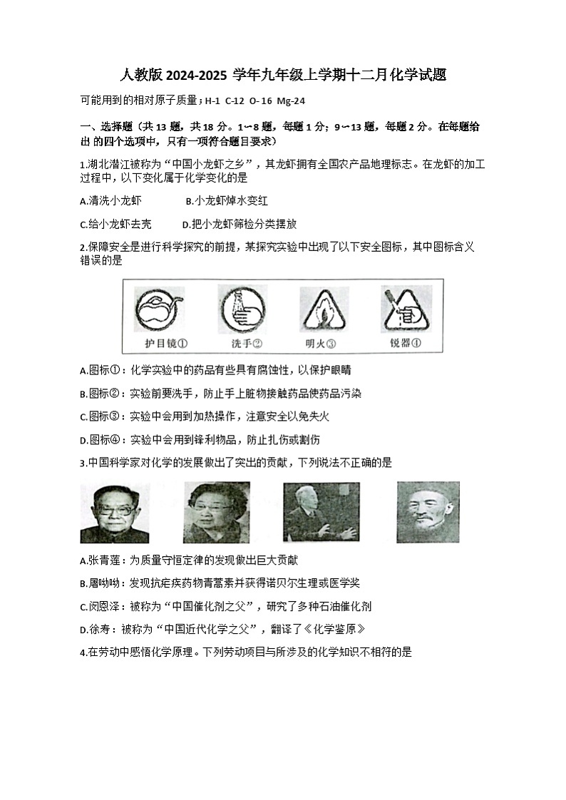人教版2024-2025学年九年级上学期十二月化学试题（含答案）第1页