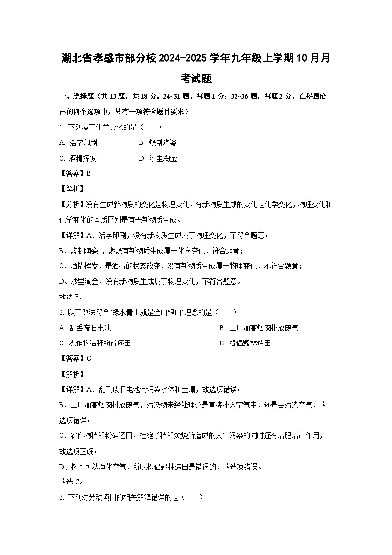 湖北省孝感市部分校2024-2025学年九年级（上）10月月考化学试卷（解析版）第1页