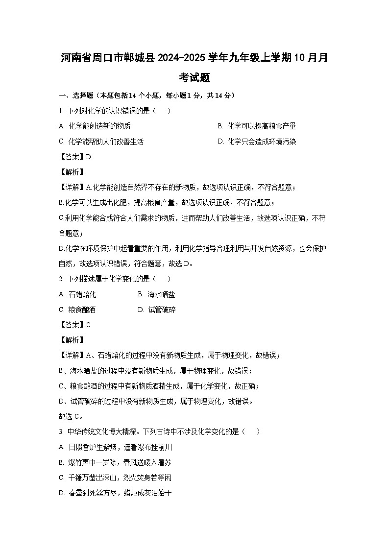 河南省周口市郸城县2024-2025学年九年级（上）10月月考化学试卷（解析版）第1页