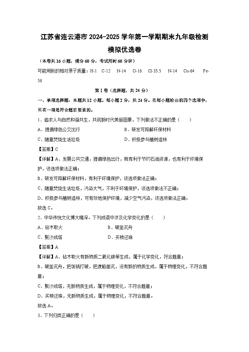 江苏省连云港市2024-2025学年第一学期期末九年级检测模拟优选卷化学试卷（解析版）第1页
