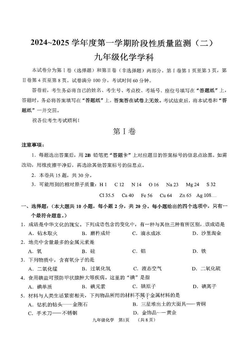 天津市南开区2024-2025学年九年级上学期期末考试化学试题第1页