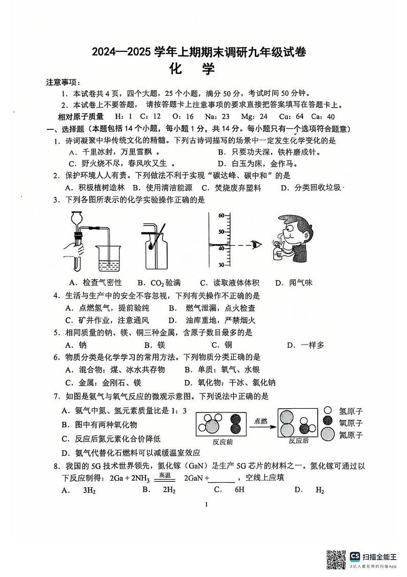 2024-2025学年上期期末九年级化学试题第1页