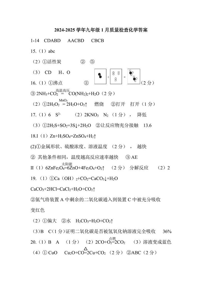 广东省广州市广州大学附属中学2024-2025学年上学期九年级1月大联盟质量检查化学答案第1页