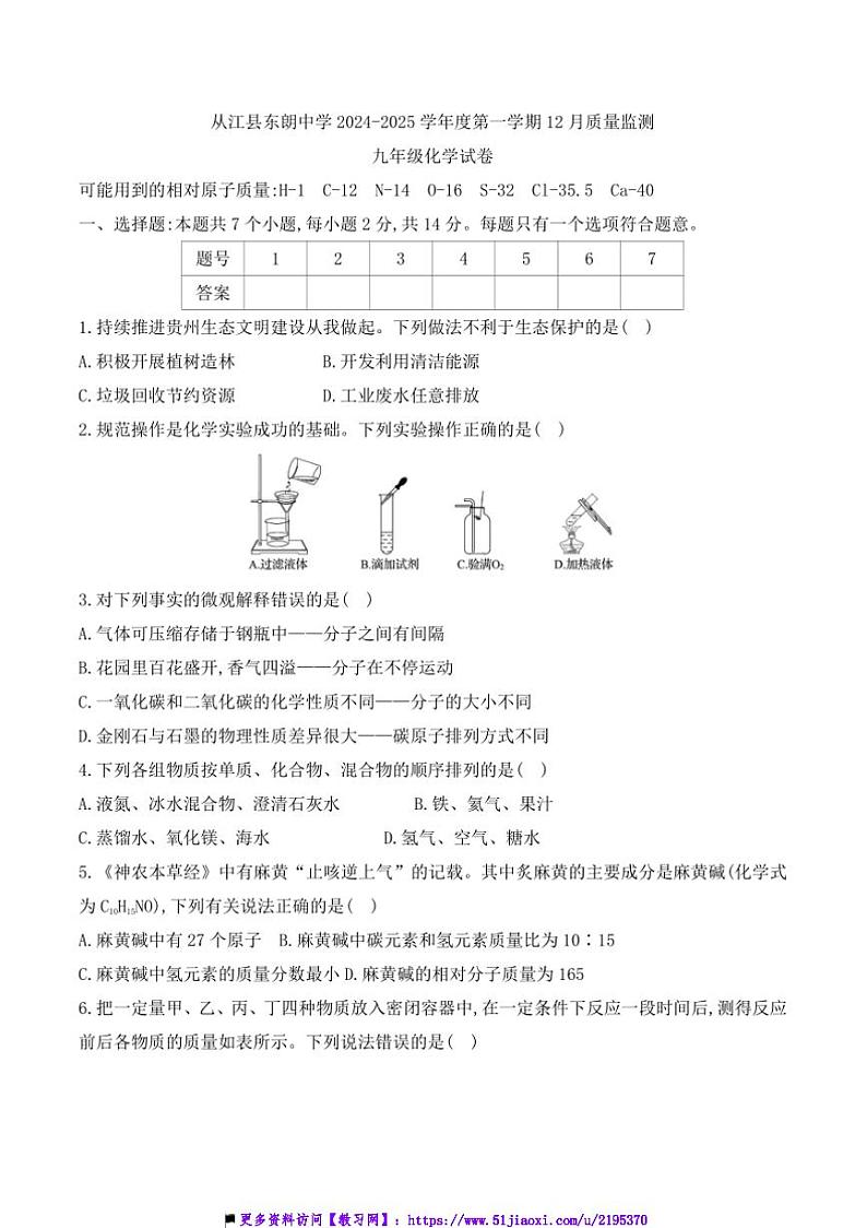 2024～2025学年贵州省黔东南州从江县东朗中学12月考九年级上化学试卷(含答案)第1页