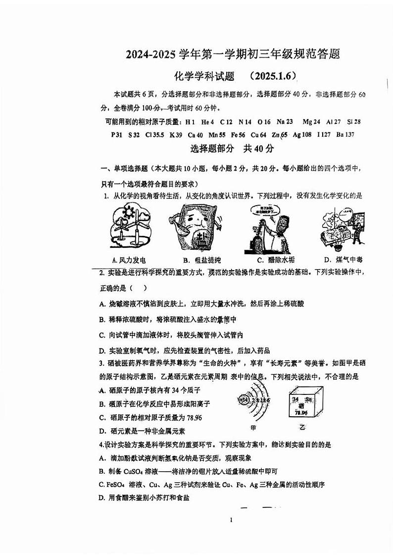 山东省济南东城逸家初级中学2024-2025学年九年级上学期1月化学月考试题第1页