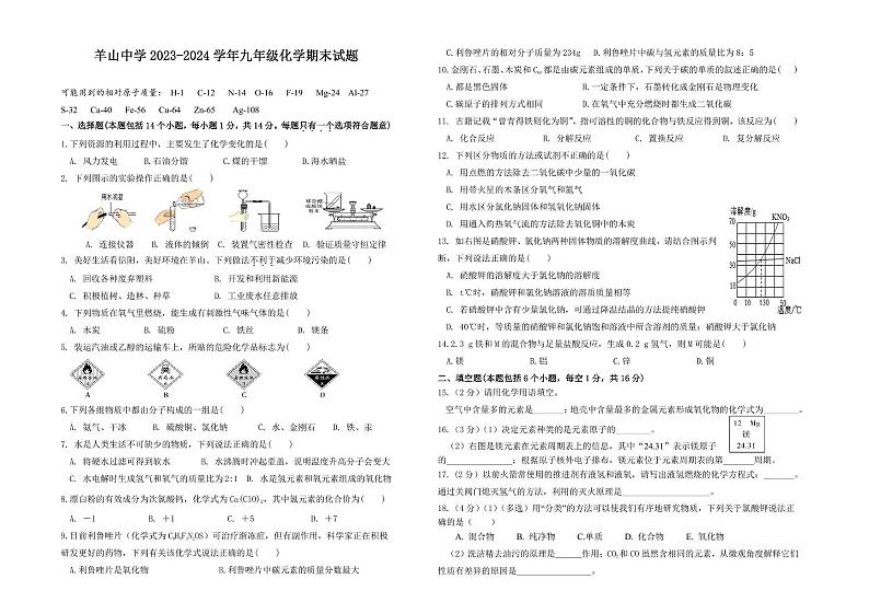 河南省信阳市羊山中学2024-2025学年九年级上学期期末考试化学试题第1页