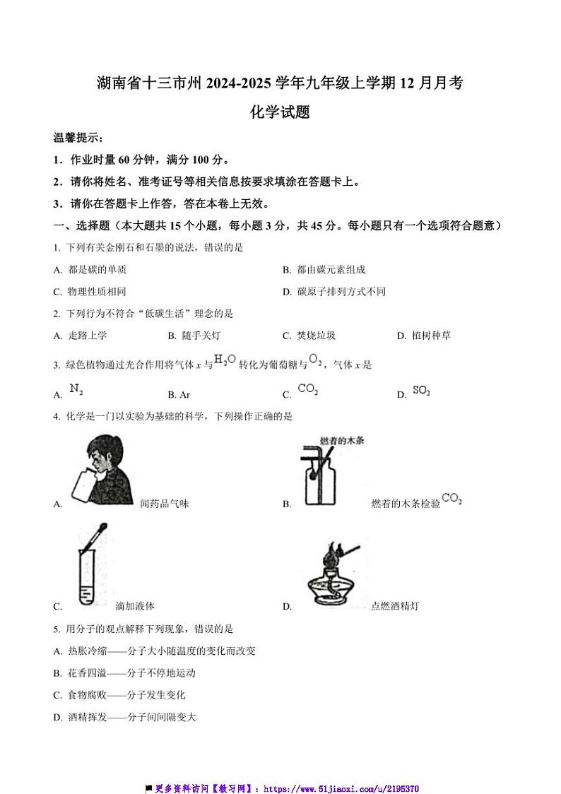 2024～2025学年湖南省十三市州九年级上12月月考化学试卷(含答案)第1页