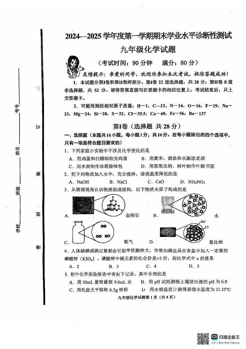 山东省青岛市即墨市2024-2025学年九年级上学期期末化学试卷第1页