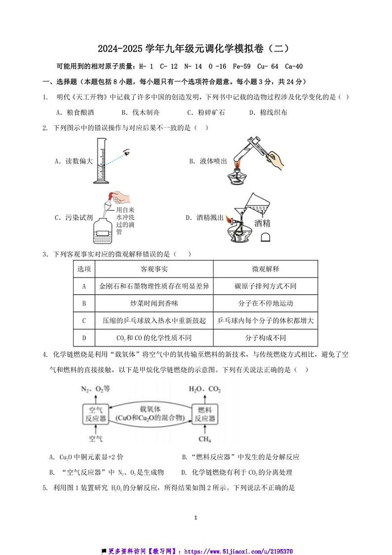 2024～2025学年湖北省武汉市九年级上月考元月调考化学模拟卷(二)试卷(含答案)第1页