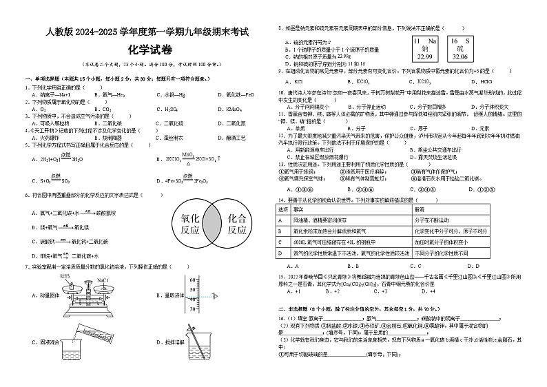 人教版2024-2025学年度九年级上册化学期末考试卷（含答案）第1页