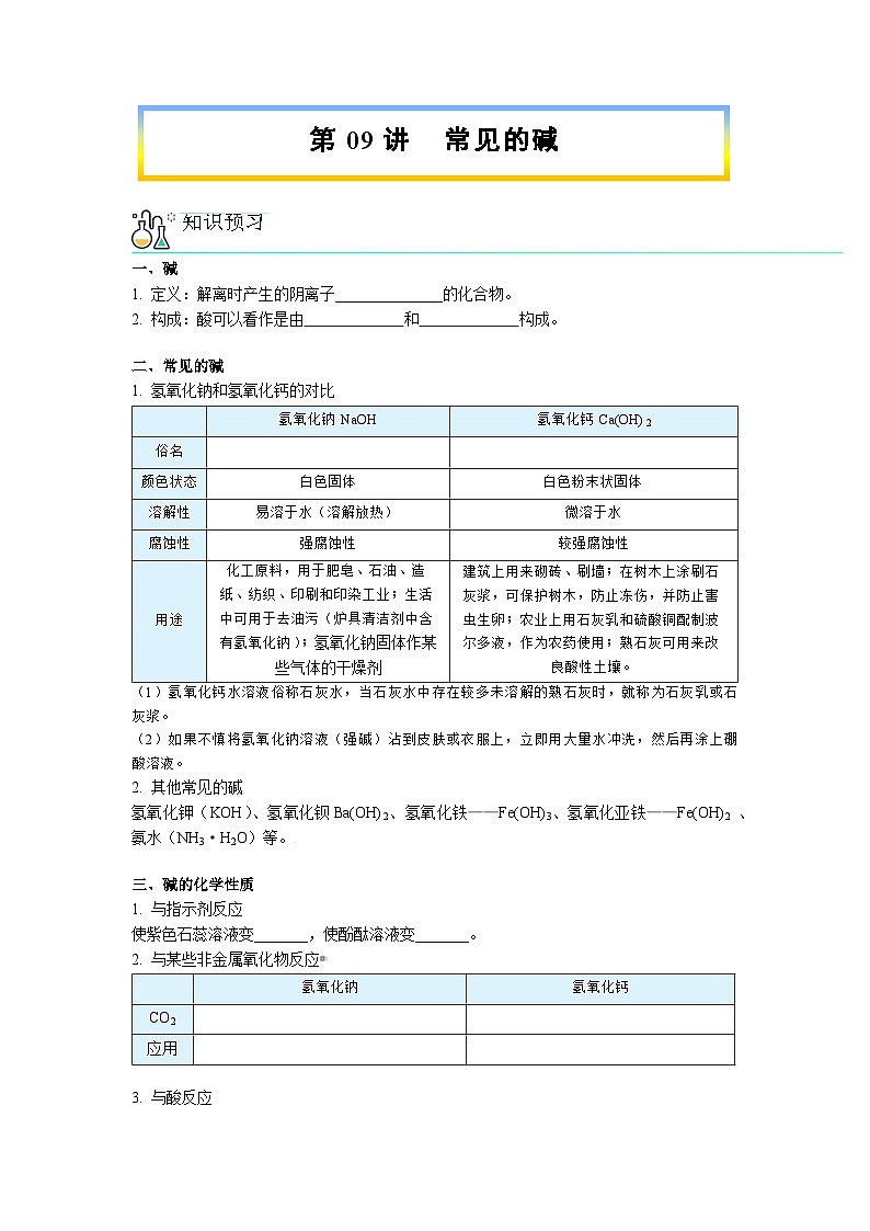 第09讲 常见的碱【寒假自学课】2025年九年级化学（人教版）学案第1页
