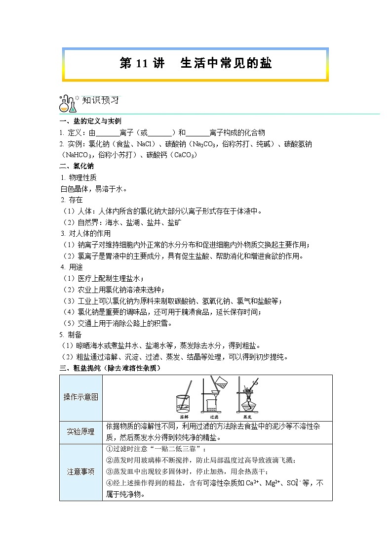 第11讲 生活中常见的盐【寒假自学课】2025年九年级化学（人教版）学案第1页