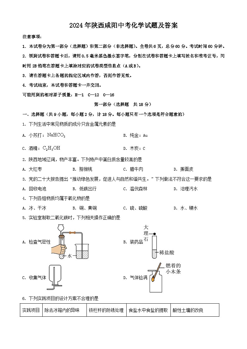 2024年陕西咸阳中考真题化学试题及答案第1页