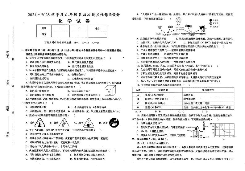 2024－2025学年安徽省淮南市西部地区九年级期终（第四次）综合作业设计化学试卷第1页