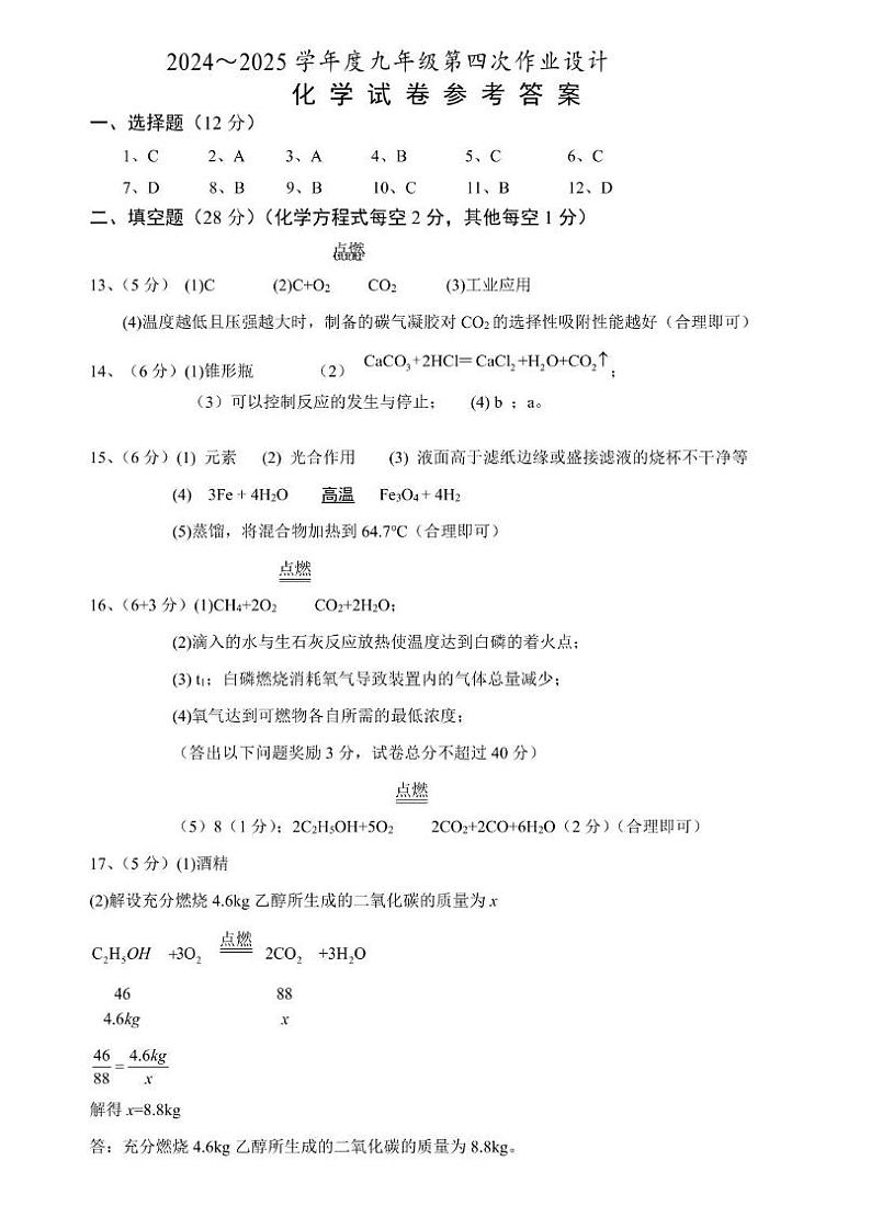 24-25九第四次化学参考答案第1页
