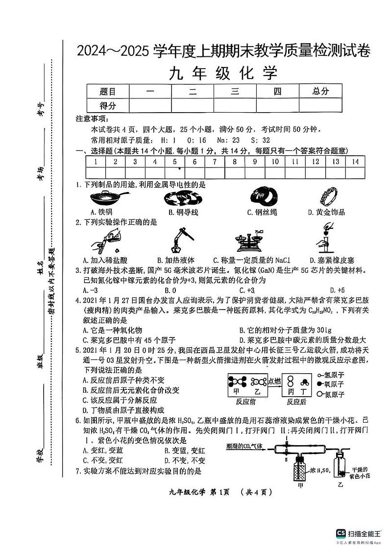 河南省漯河市郾城区2024-2025学年九年级上学期1月期末考试化学试题第1页