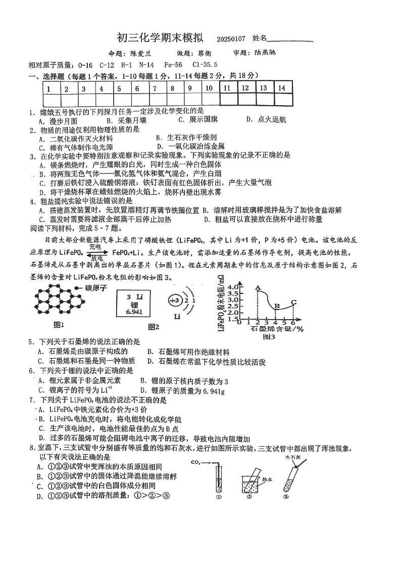 江苏省泰州市海陵区民兴中英文学校2024-2025学年九年级上学期期末模拟化学试卷第1页