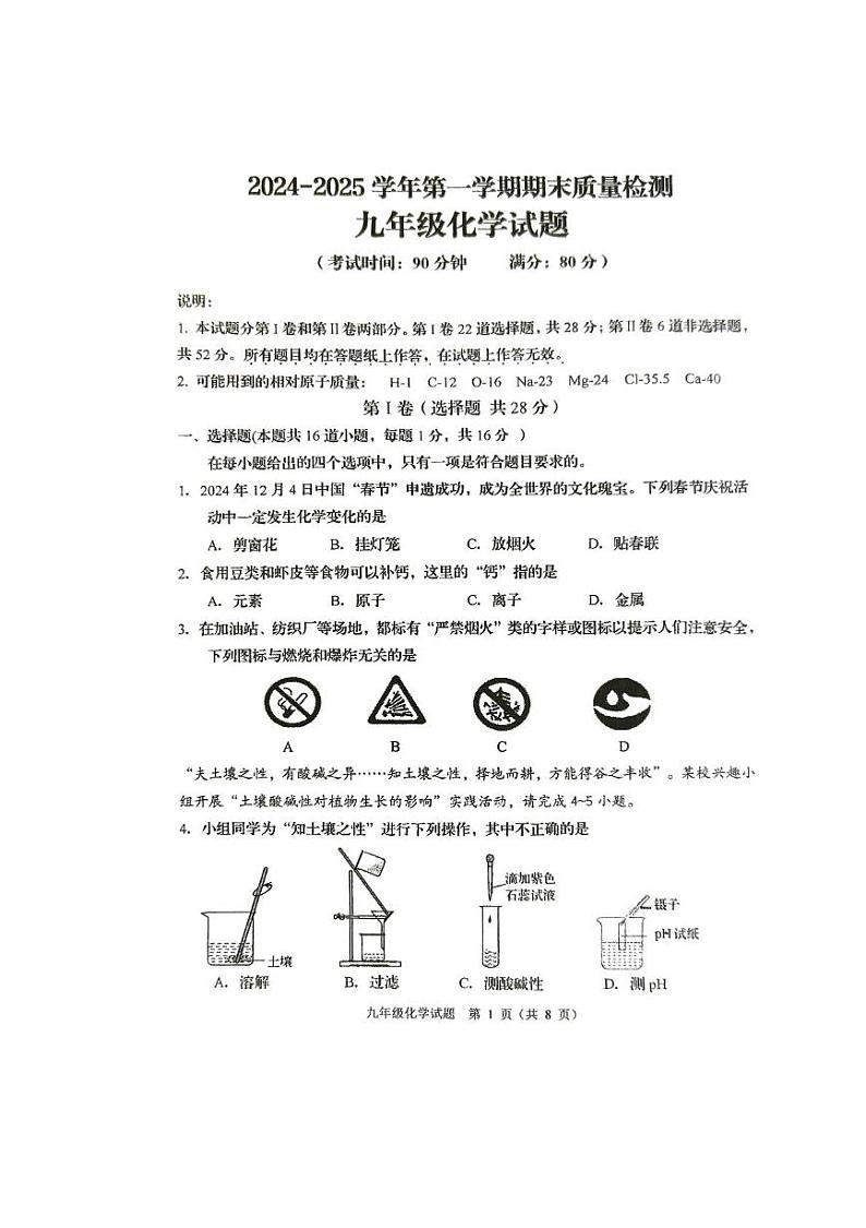 山东省青岛市城阳区2024-2025学年九年级上学期期末考试化学试卷第1页