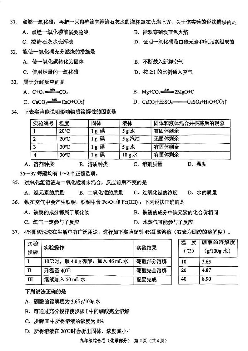 2025届上海市长宁区初三一模化学试卷第2页