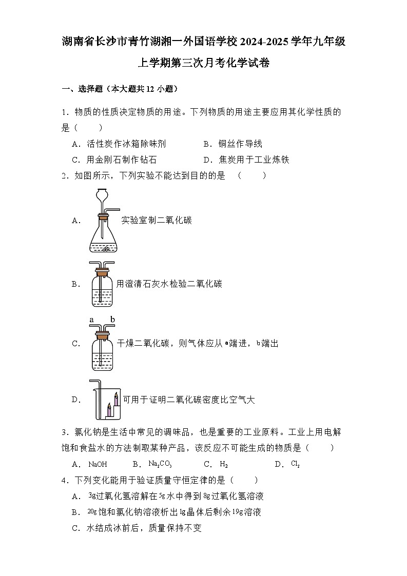 湖南省长沙市青竹湖湘一外国语学校2024-2025学年九年级上学期第三次月考 化学试卷（含解析）第1页