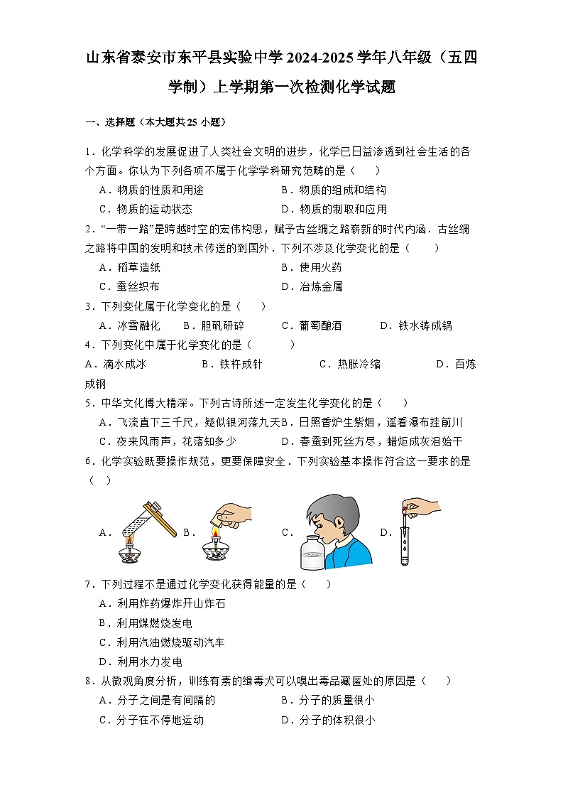 山东省泰安市东平县实验中学2024-2025学年八年级（五四学制）上学期第一次检测 化学试题（含解析）第1页