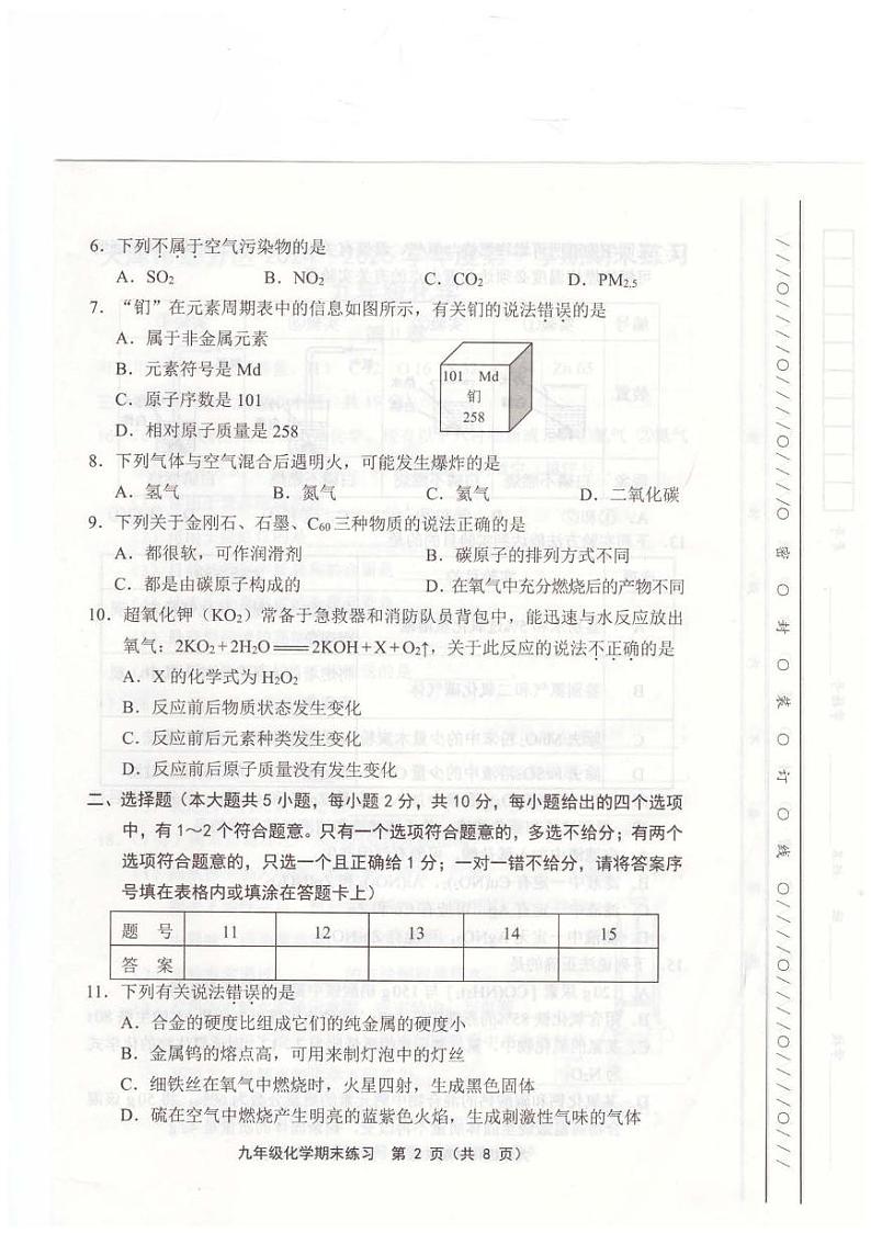 天津市武清区2024-2025学年九年级上学期期末考试 化学试题（原卷版）第2页