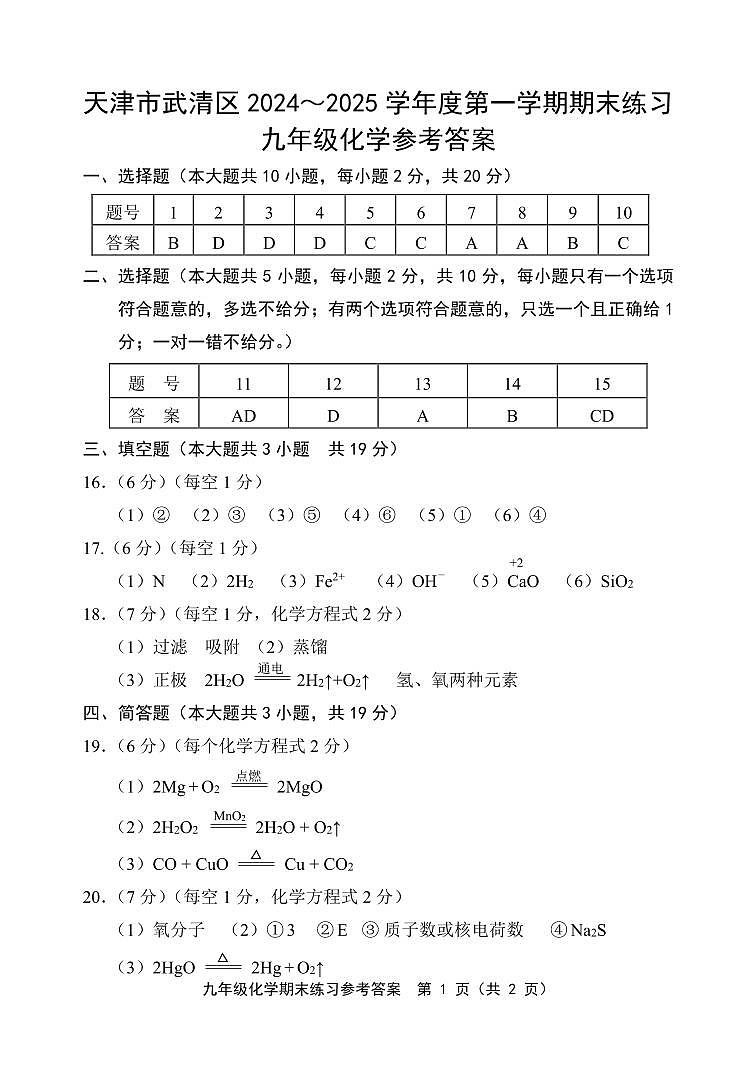 天津市武清区2024-2025学年九年级上学期期末考试 化学试题（解析版）第1页