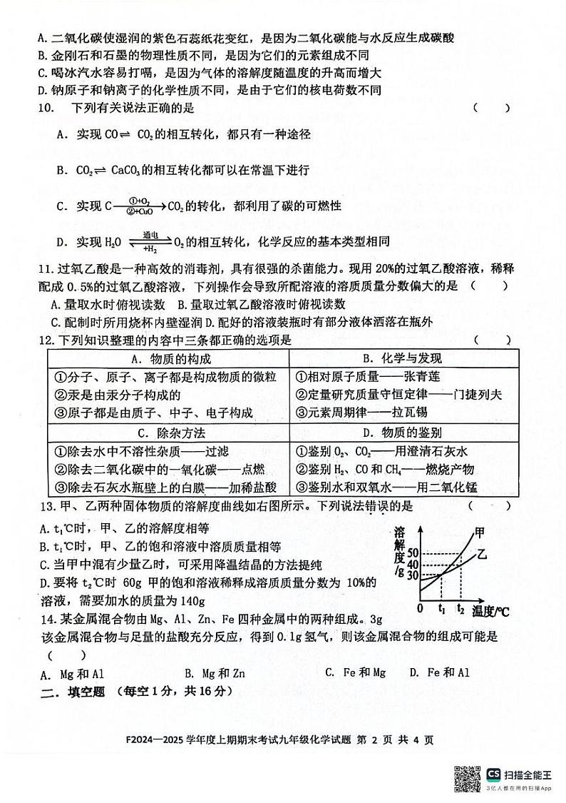 河南省周口市扶沟县2024-2025学年九年级上学期1月期末考试化学试题第2页