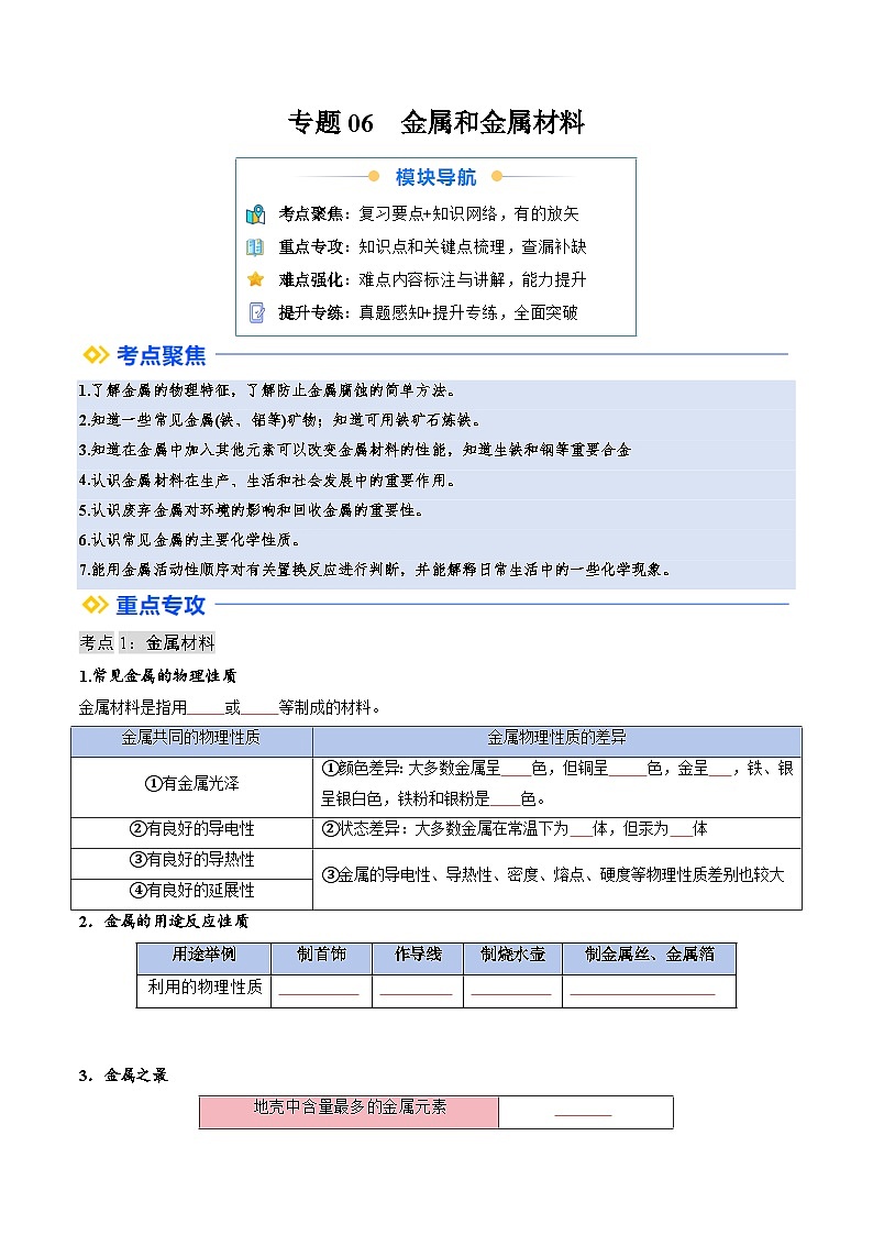 寒假复习-专题06 金属和金属材料 (学生版) 2025年九年级化学寒假衔接讲练 (人教版)第1页