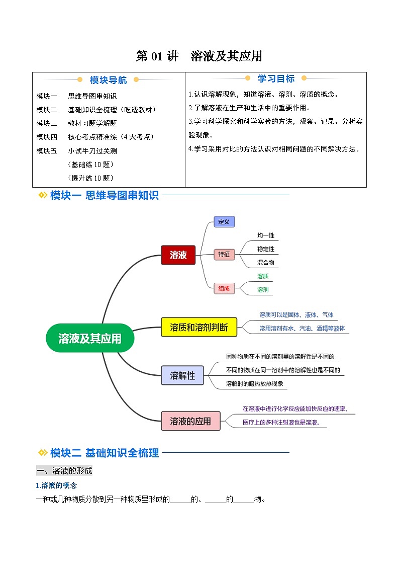 寒假预习-第01讲 溶液及其应用 (学生版) 2025年九年级化学寒假衔接讲练 (人教版)第1页