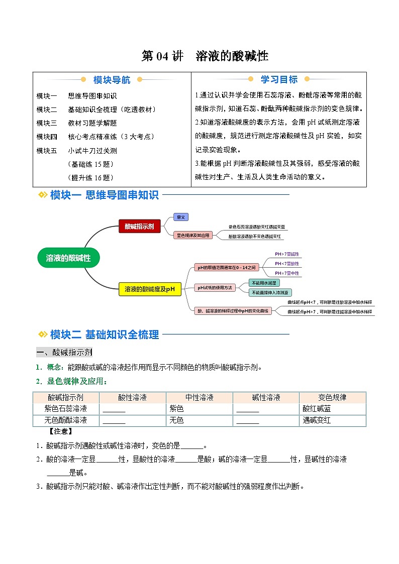 寒假预习-第04讲 溶液的酸碱性 (学生版) 2025年九年级化学寒假衔接讲练 (人教版)第1页