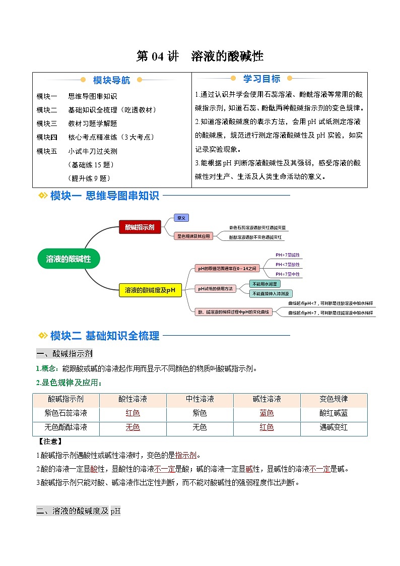 寒假预习-第04讲 溶液的酸碱性 (教师版) 2025年九年级化学寒假衔接讲练 (人教版)第1页