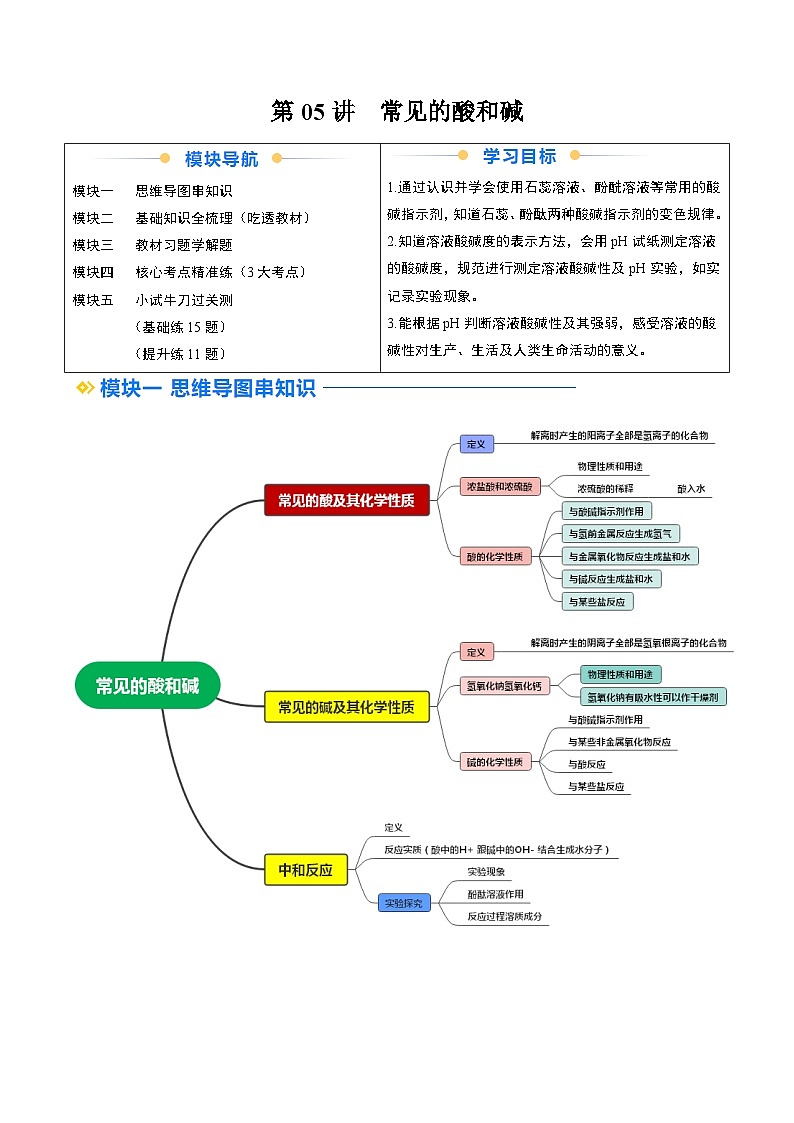 寒假预习-第05讲 常见的酸和碱 (教师版) 2025年九年级化学寒假衔接讲练 (人教版)第1页