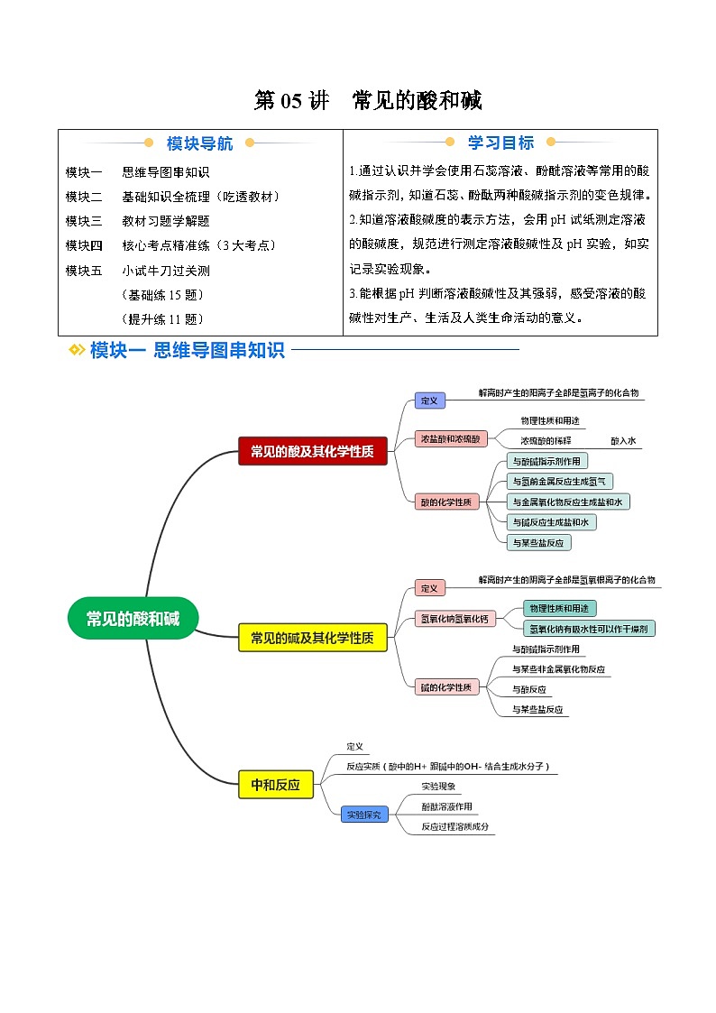 寒假预习-第05讲 常见的酸和碱 (学生版) 2025年九年级化学寒假衔接讲练 (人教版)第1页