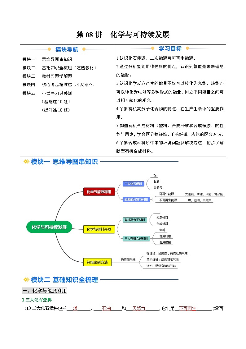 寒假预习-第08讲 化学与可持续发展 (教师版) 2025年九年级化学寒假衔接讲练 (人教版)第1页