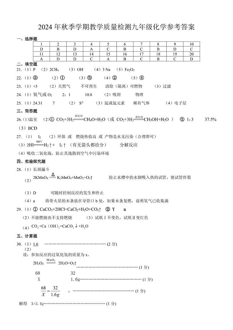 2024年秋季学期期末教学质量检测九年级化学参考答案第1页
