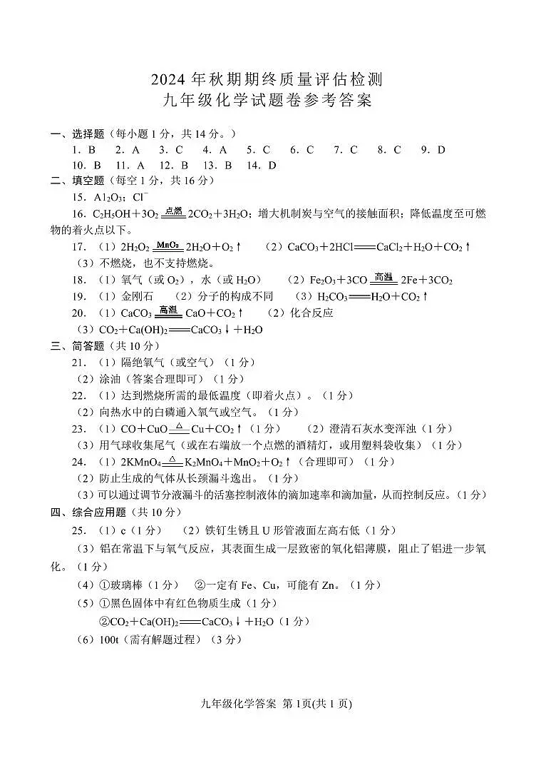 2024年秋期末９化学答案第1页